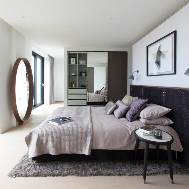 schlafzimmer-modern-einrihten-neutrale-farben-flieder-schwarz