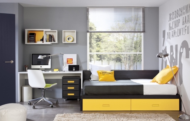teenagerzimmer-farbgestaltung-gelb-grau-wand-spüche-ideen-kreativ