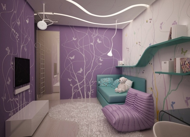 wandgestaltung im jugendzimmer maedchen-lila-wandfarbe-schablone-schmetterlinge