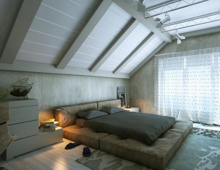 wohnideen-dachschragen-schlafzimmer-einrichtung-modern-industrial-stil-bett-boden