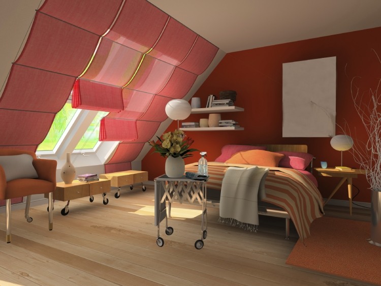 wohnideen-dachschragen-schlafzimmer-einrichtung-wandfarbe-rot-stoff-schalosien