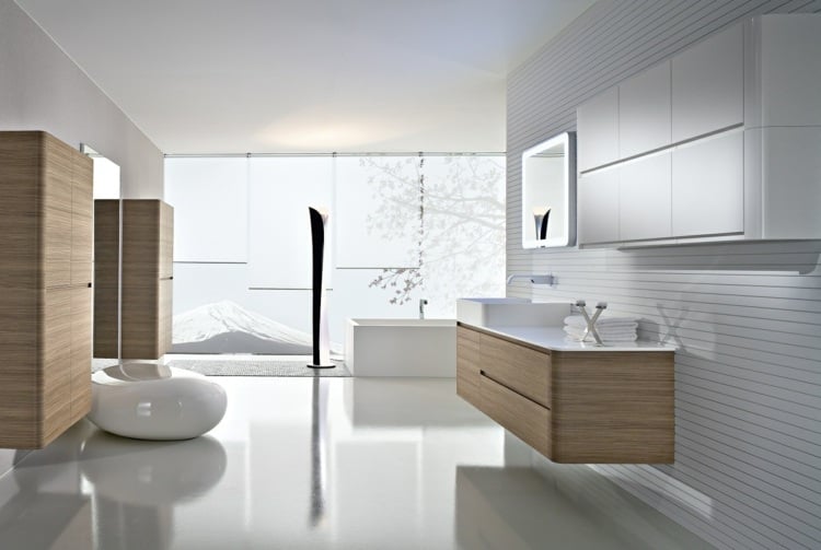 wohnideen für badezimmer minimalistisch-weiss-moebel-holz-fensterfront