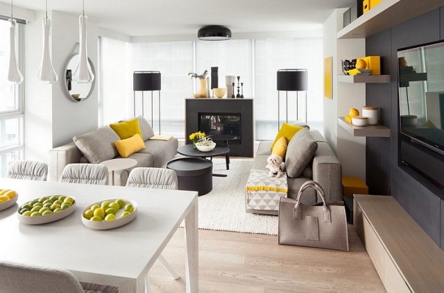 Grau und gelb im Wohnzimmer schwarze akzente farben-kombinieren