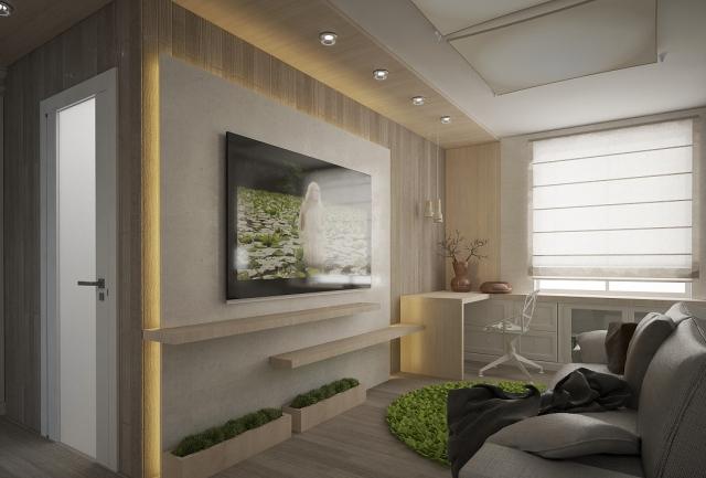wohnzimmer modern einrichten -kleiner-raum-indirekte-beleuchtung-paneele-tv-gruene-akzente
