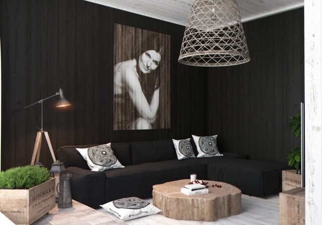 wohnzimmer modern einrichten-schwarze-wandfarbe-echtholz-couchtisch-industrie-chic