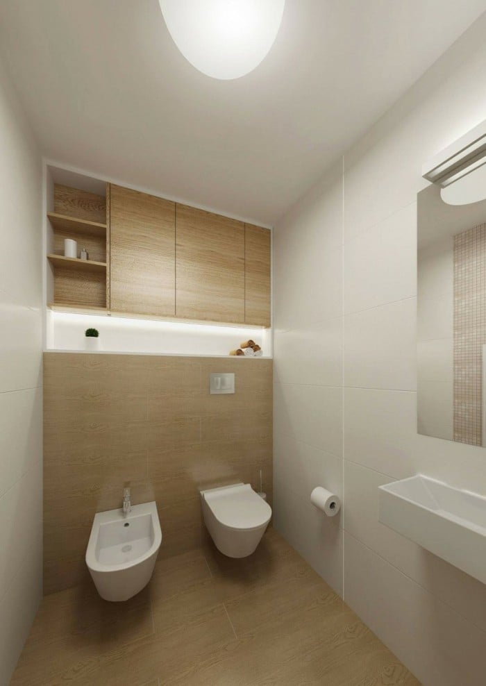Gestaltung Holzwand Toilette Bidet Design weiße Wand