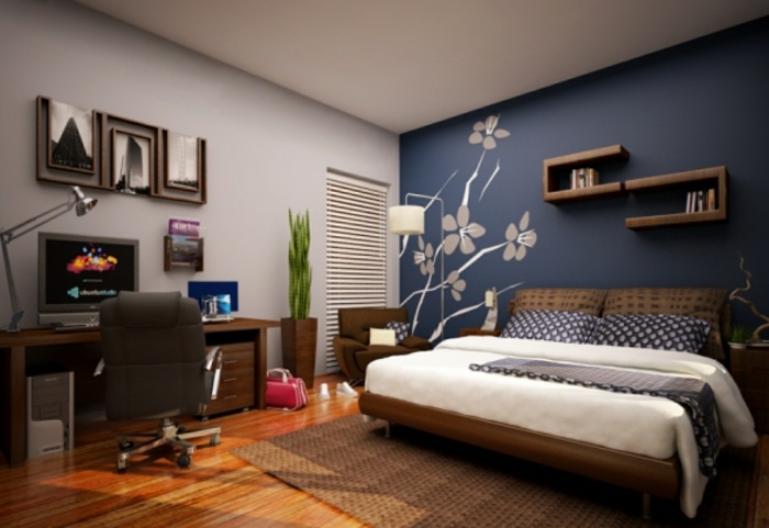 Schlafzimmer-Design-mit-Wandgestaltung-Holzboden