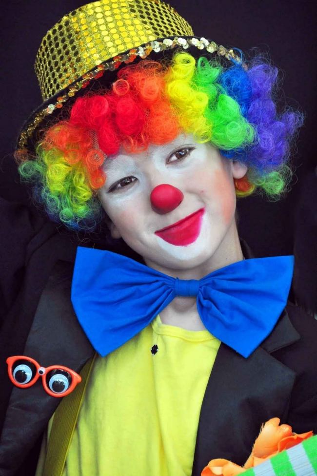Clown-schminken-Kinder-Anleitung-Kostüm-bunte-perücke-fasching