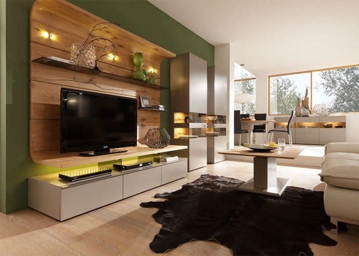 Dunkle-Holzdekore-Ausgeklügelte-Wohnwandsysteme-Olivengrüne-Wandfarbe