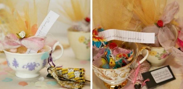 Hochzeit Teetassen Süßigkeiten Bonbons arrangieren