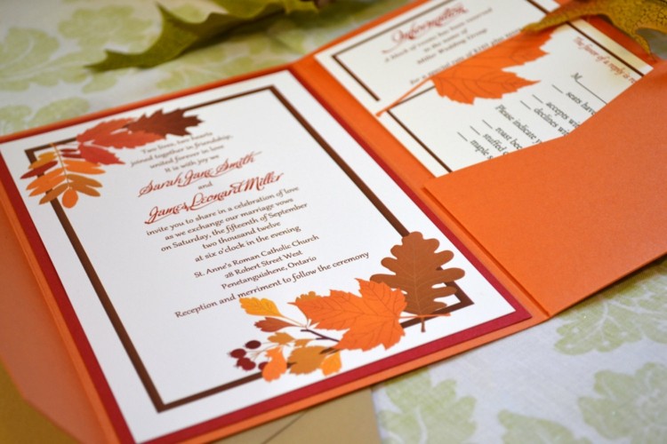 Herbst Einladungen Herbstblätter Ideen orange Farbe