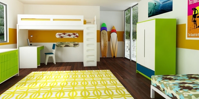 gestalten Kinderzimmer einrichten gelb Teppich Laminatboden