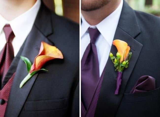 Knopflochblume-ansteckblume-calla-orange-bräutigam-schmuck-herbst-hochzeit-Einstecktücher-purpur