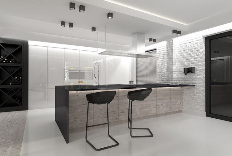 Küchentresen mit Barhockern -schwarz-arbeitsplatte-holz-fronten-stauraum