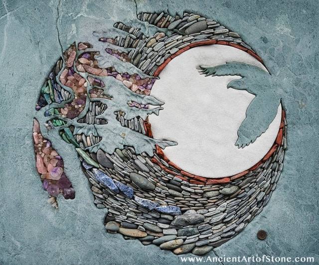 Mosaik-Kunst-Gestalten-mit-Stein-Wanddekore-Vogelmotiv-Vollmond