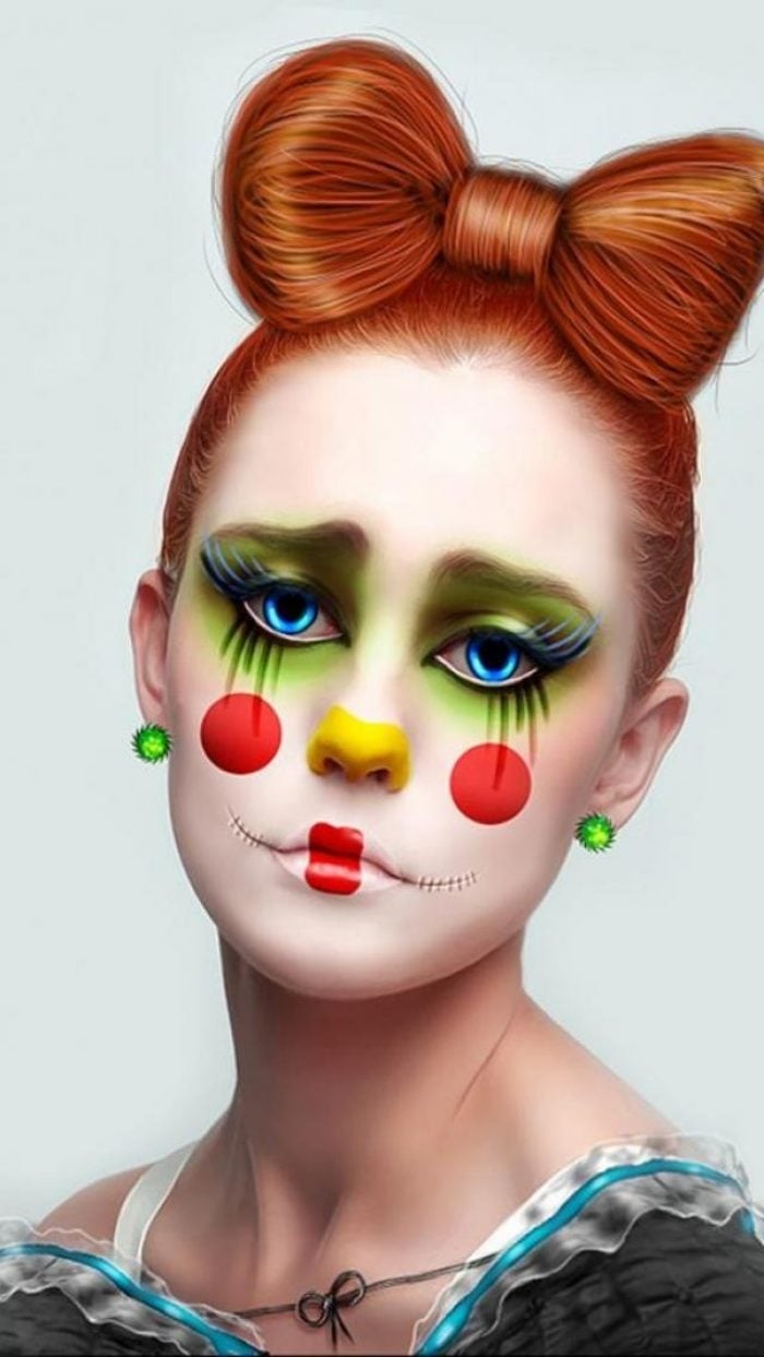 Mädchen-Clown-trautig-Schminktipps-Ideen-Halloween-fasching-Schleife-Frisur