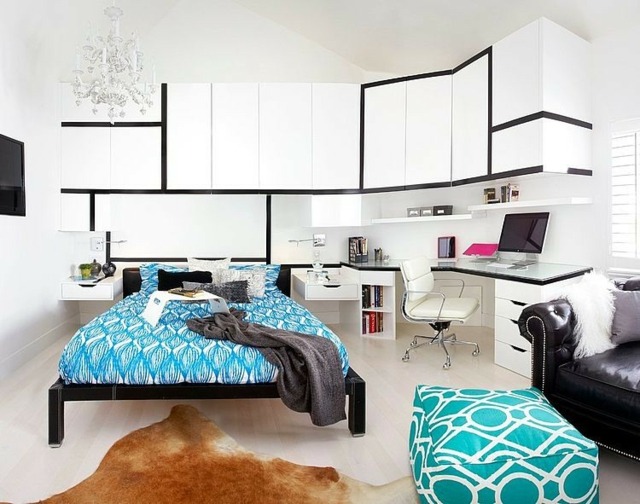 Ideen kleines Appartement Doppelbett Wandregal