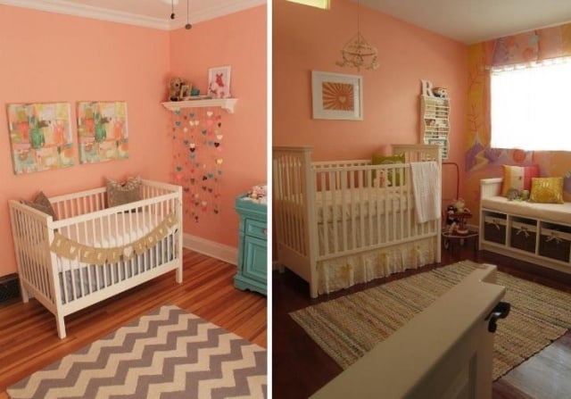 babyzimmer-wandgestaltung-farbe-pfirsich-lachs-teppich-design-zick-zack-muster