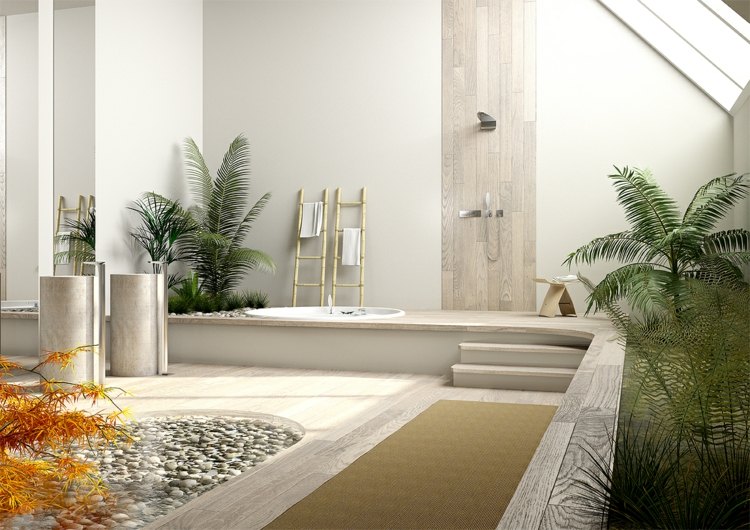 badezimmer gestalten exotisch-idee-offen-dusche-eingelassene-badewanne