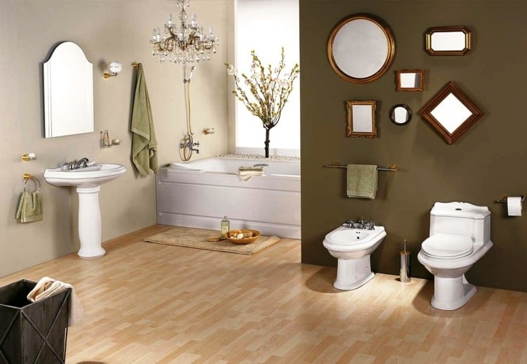 badezimmer ideen braun-akzentwand-spiegel-deko-laminat