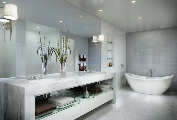 badezimmer-ideen-modern-design-grau-monochrom-blumen-vase-spiegel