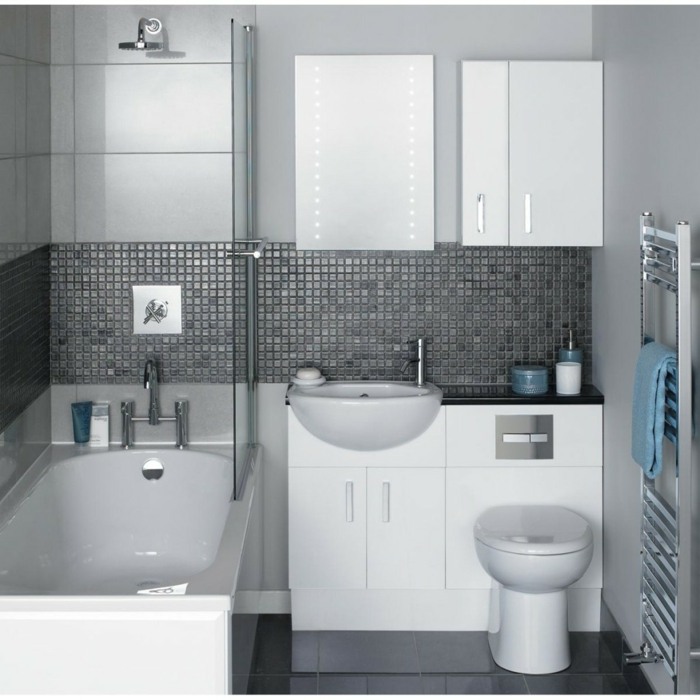 badezimmer mosaik grau weiß schrank modern wanne dusche