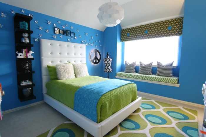 Wand Mädchenzimmer einrichten grün Teppich