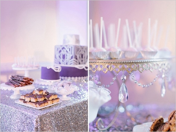 dessert-tisch-purpur-glänzender-konfetti-look-tischdecke-gatsby-inspirierte-hochzeit