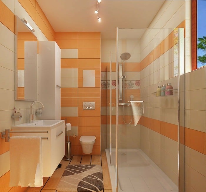 fliesen orange badezimmer klein modern glas dusche