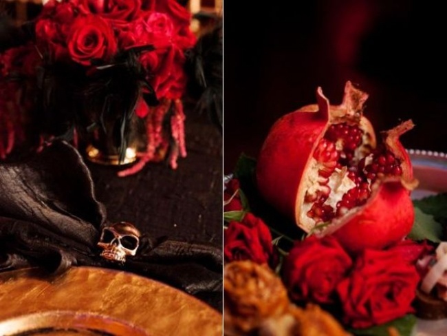 gothische-Vampir-Hochzeit-dekoration-mit-totenschädeln-kürbissen-roten-rosen