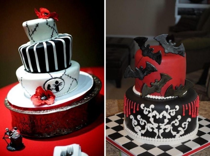 halloween-torte-mit-gruseligen-mustern-federmäuse-schwarz-rot