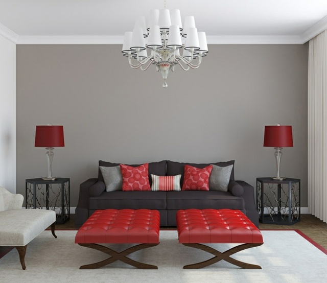 Wandfarbe Kronleuchter Teppich rote Tischlampen