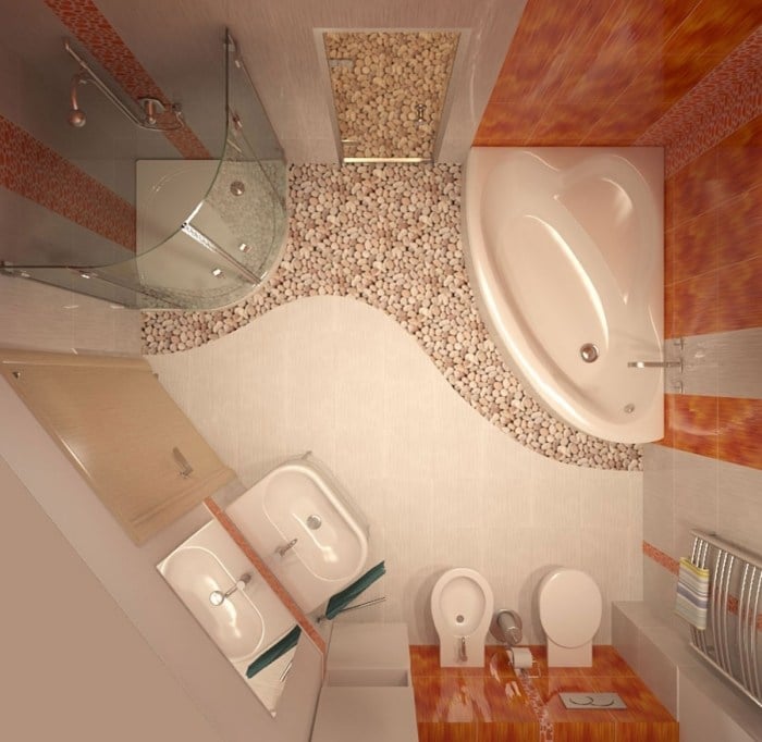 kleines badezimmer fliesen ideen-eck-badewanne-dusche-orange-creme-kombination
