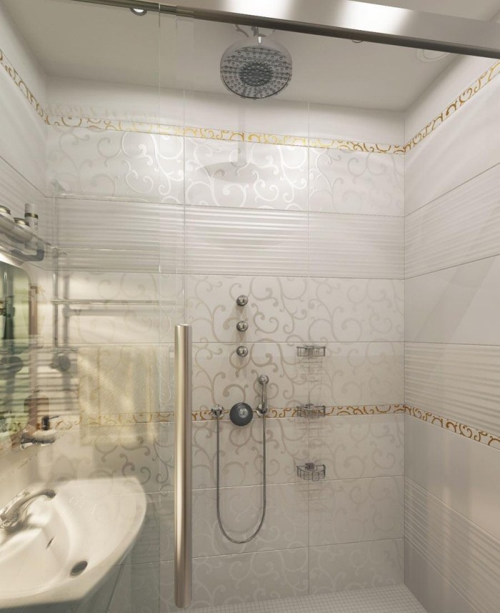 kleines-badezimmer-fliesen-ideen-hellgrau-florale-muster-duschebereich-goldene-akzente