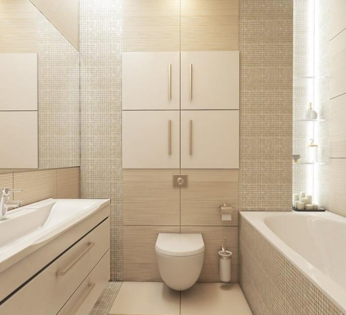 kleines badezimmer fliesen-ideen-mosaik-holzoptik-beige