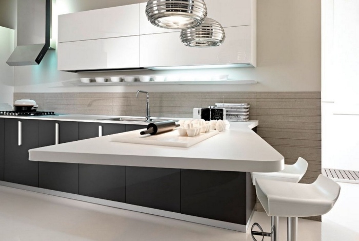 Küchentresen mit Barhockern -design-schwebend-corian-matt-schwarze-fronten