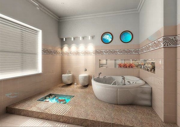 modernes-Interieur-mit-Fliesen-Badewanne-Dekor-eingelassen-im-Boden
