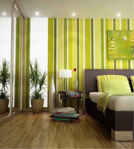 modernes-Schlafzimmer-gestreifte-Tapeten-in-Grün