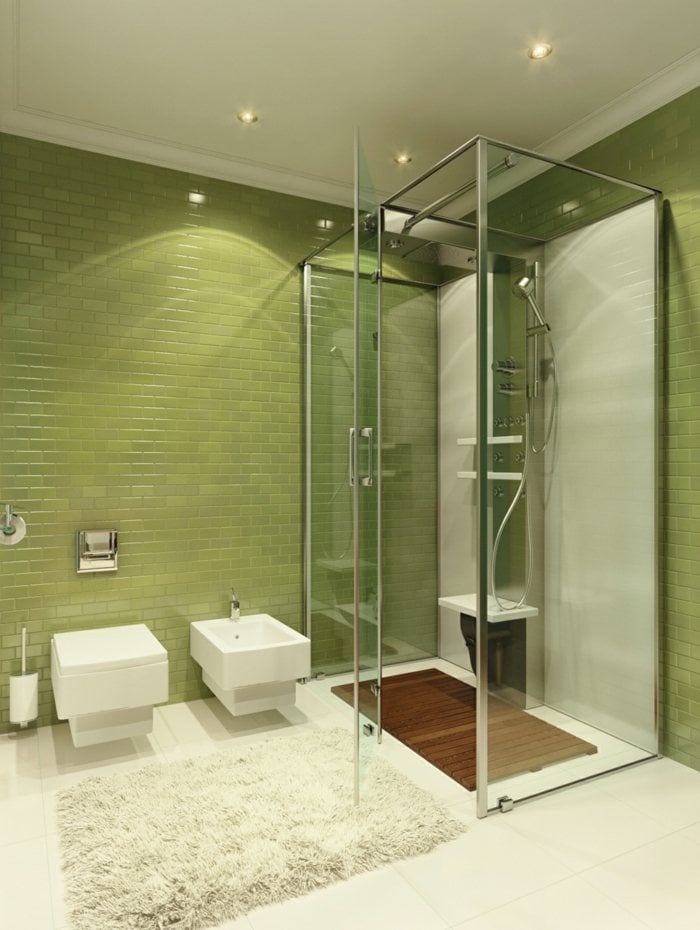 modernes bad dusche glas fliesen grün teppich