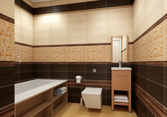 modernes design badezimmer braune fliesen beige badewanne regal spiegel schrank
