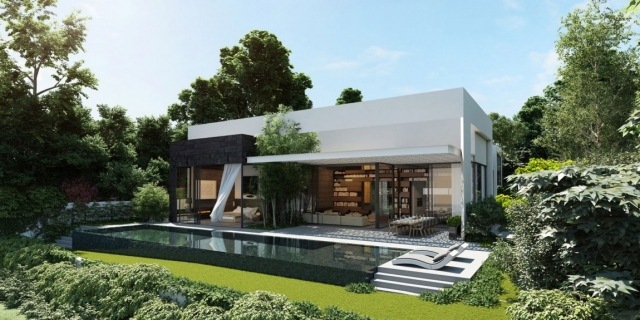 modernes wohnhaus pool sonnenliegen-ueberdachte-terrasse