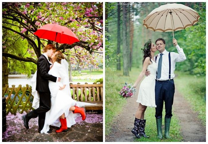 regnerische-Hochzeit im Herbst -brautpaar-gummistiefel-regenschirme
