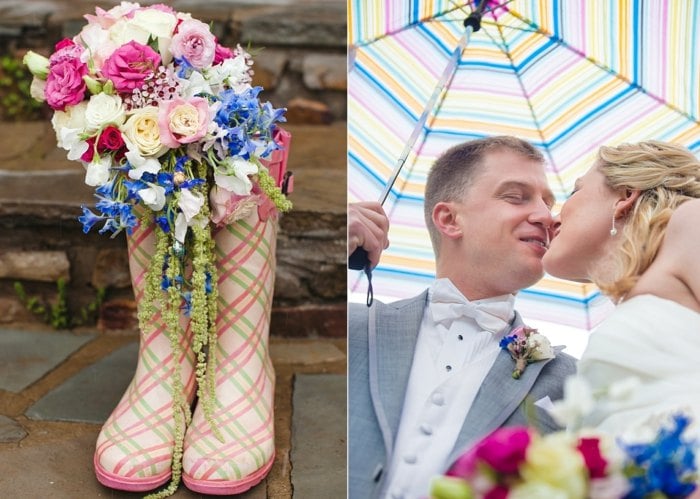 Hochzeit planen Gummistiefel Blumentöpfe Regenschirm