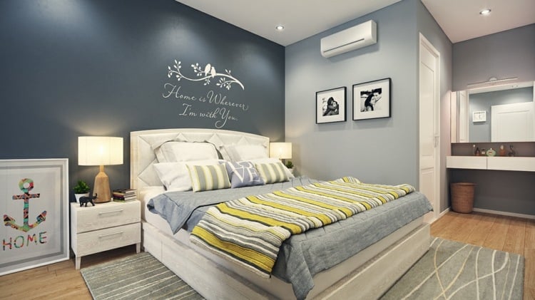 schlafzimmer-beispiele blaugrau wandfarbe idee elegant weiss bett