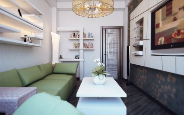 schmales wohnzimmer einrichten hellgraue-tapeten-grueness-sofa-wandregale