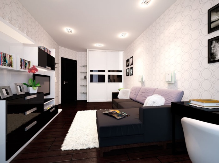 schmales wohnzimmer einrichten-modern-weiss-schwarz-kombination