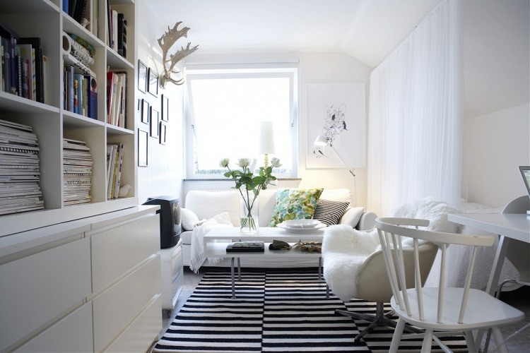schmales wohnzimmer einrichten skandinavischer-stil-weiss