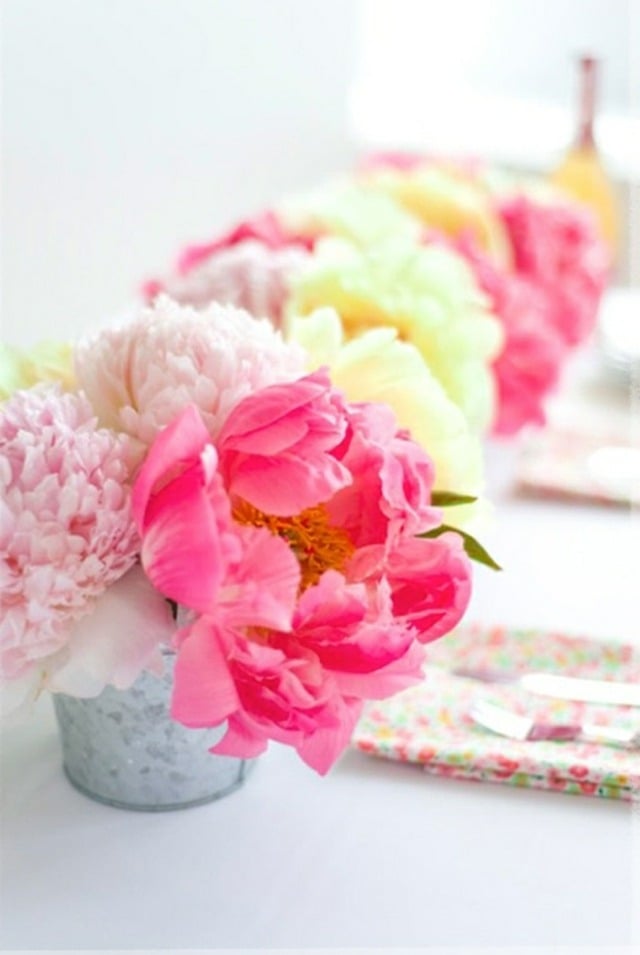 sommerhochzeit pfingstrose tischdeko rosa nuancen eimer vase
