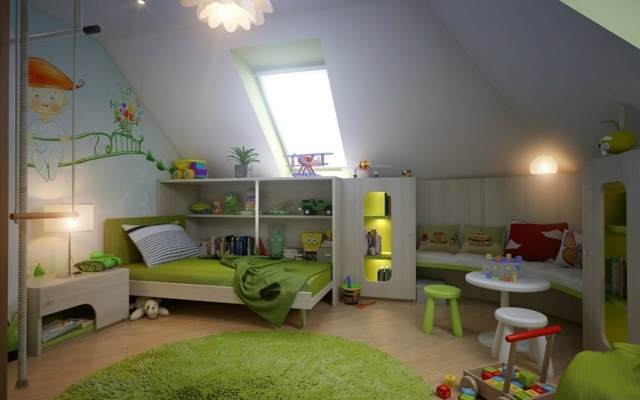 Kinderzimmer gestalten Fenster Dachschräge grün