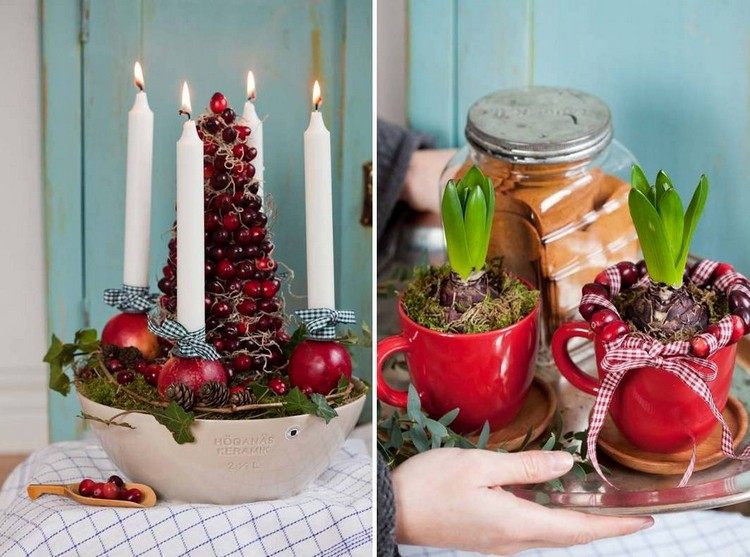 Tischdekoration zu Weihnachten adventskranz-tannenbaum-beeren-aepfel-stankerzen-hyazinthen-rote-tassen